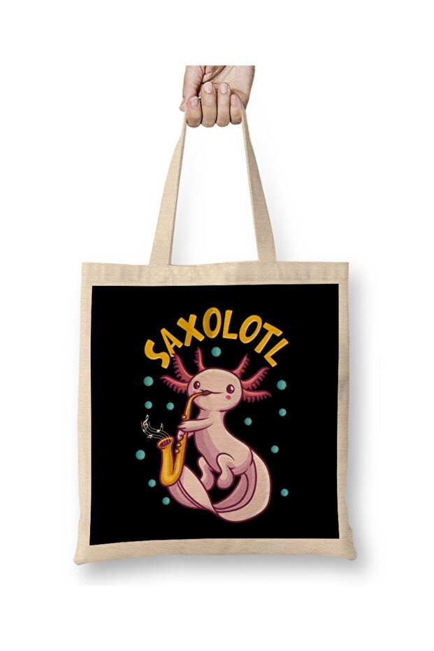 Saxolotl Sax Playing Axolotl Pun Walking Fish Cloth Bag Long Handle