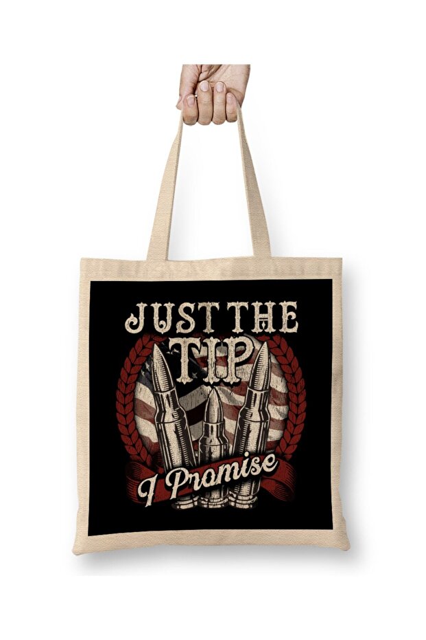 Funny Just The Tip I Promise USA Flag Bullet Pun Tote Bag Long Handle
