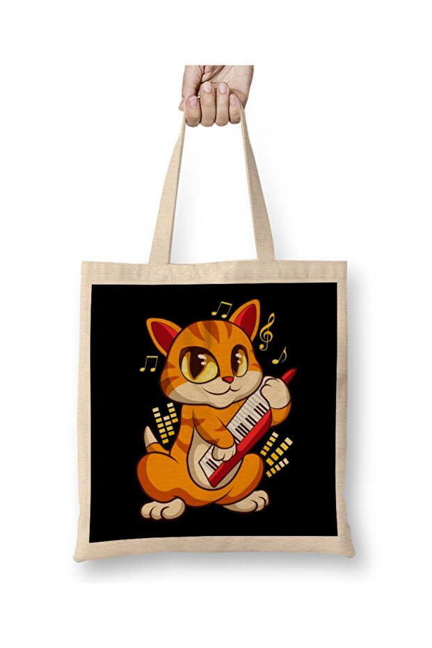 Cute Musician Cat Kitty Playing Guitar Cloth Bag Long Handle