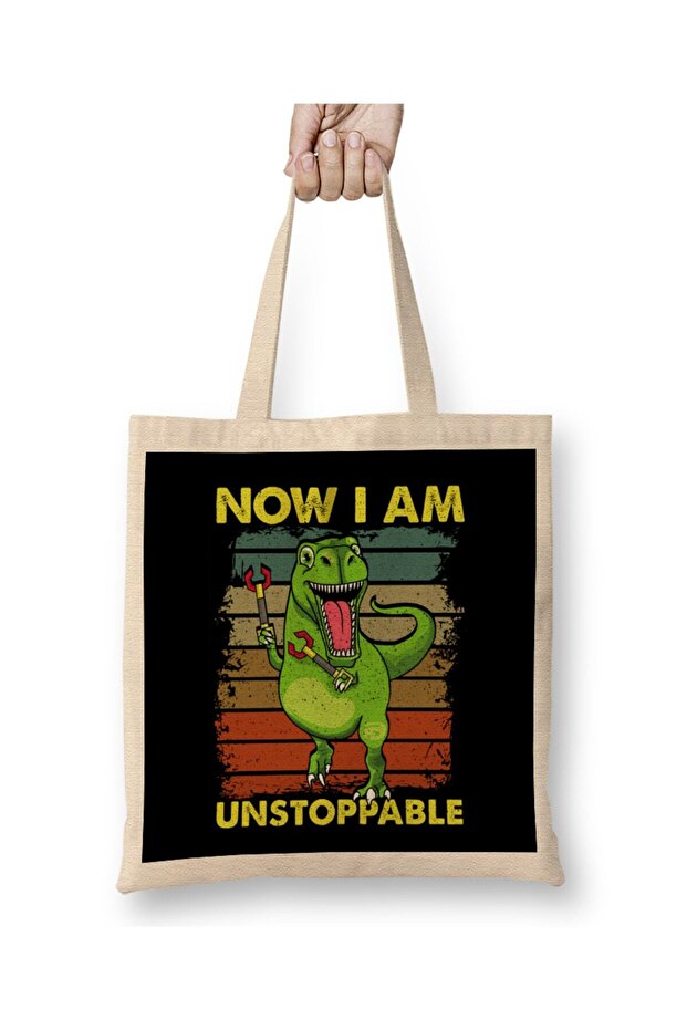 حقيبة قماش من Now I Am Unstoppable TRex Funny Dinosaur Arms Pun بمقبض طويل