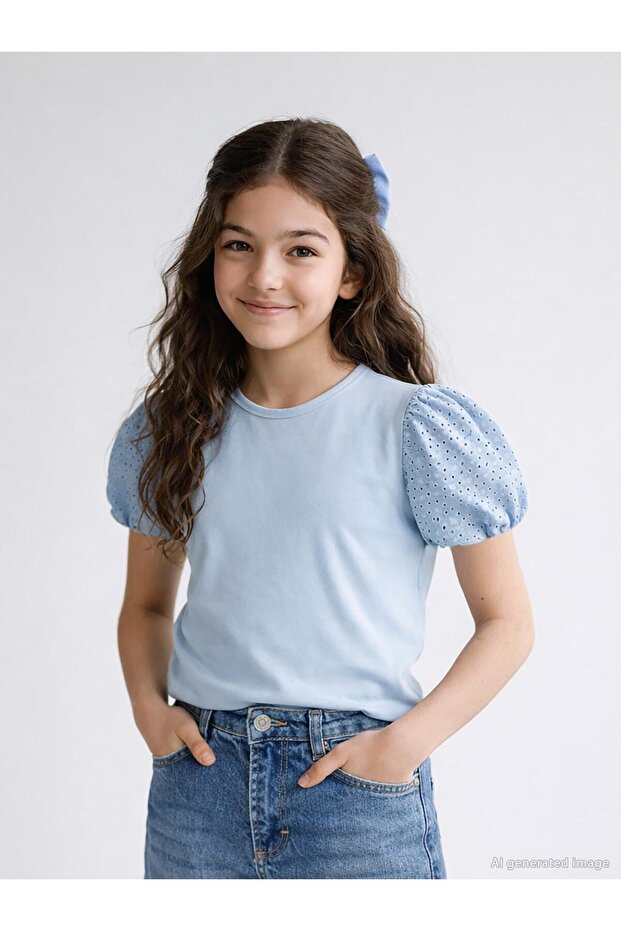 Lace Balloon Sleeve T-Shirt for 10-13 Years Old - Blue