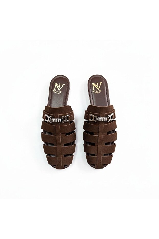Brown Suede Women's Square Toe Sabo Slippers with Accessory Detail