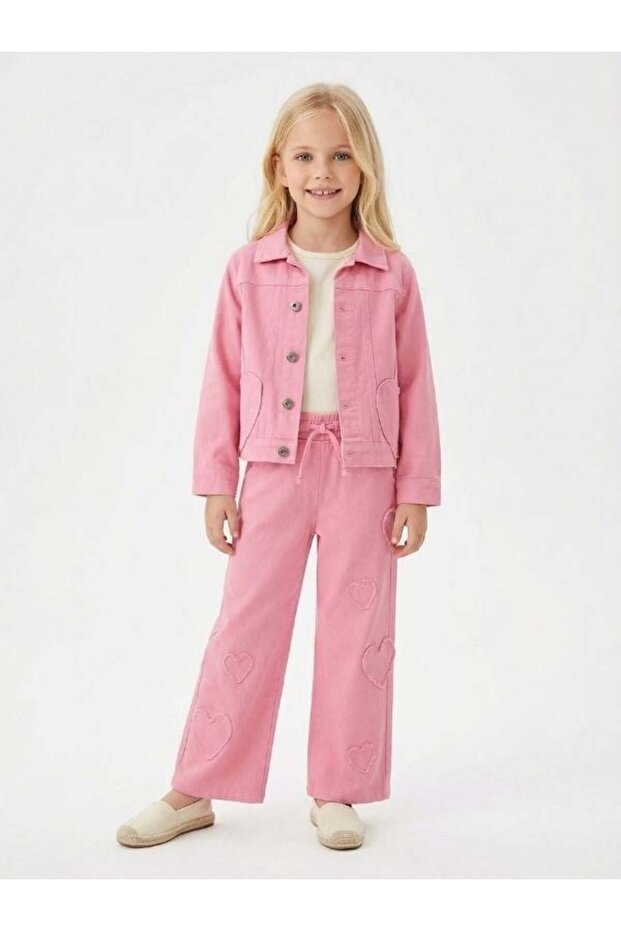Girl's Heart Detailed Three-Piece Set (Jacket + Blouse + Pants)