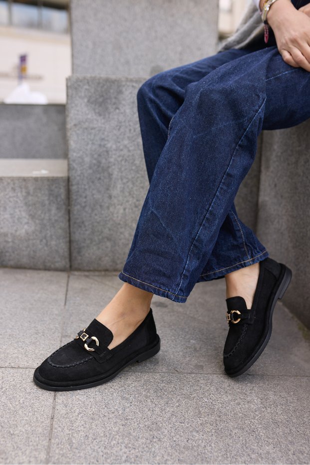 Selvero Women's Black Real Suede Buckle Detail Loafer Shoes