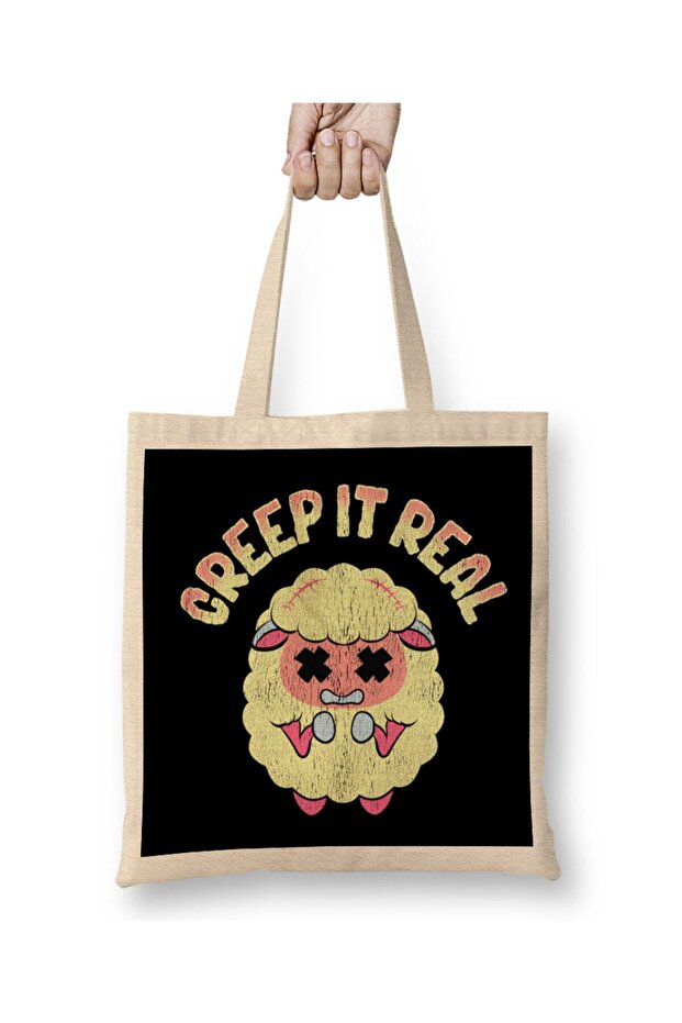 حقيبة قماش لطيفة ومضحكة من Creep It Real Creepy Sheep Pun ذات مقبض طويل