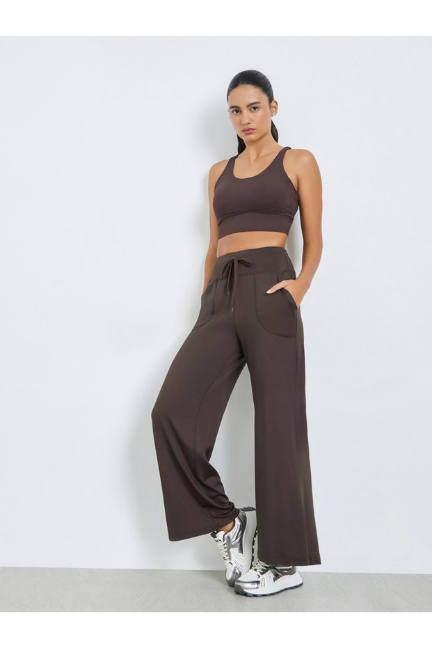 Brown Broad Waist Tie and Pocket Detail Loose Straight Pants