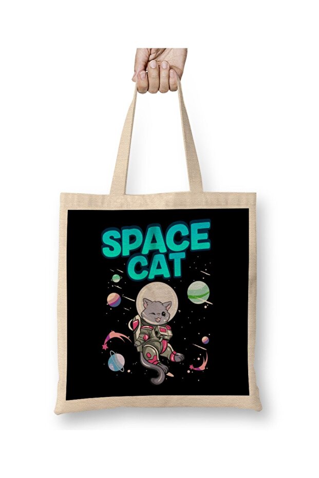 Adorable Space Cat Cute Kitty Astronaut Exploring Tote Bag Long Handle