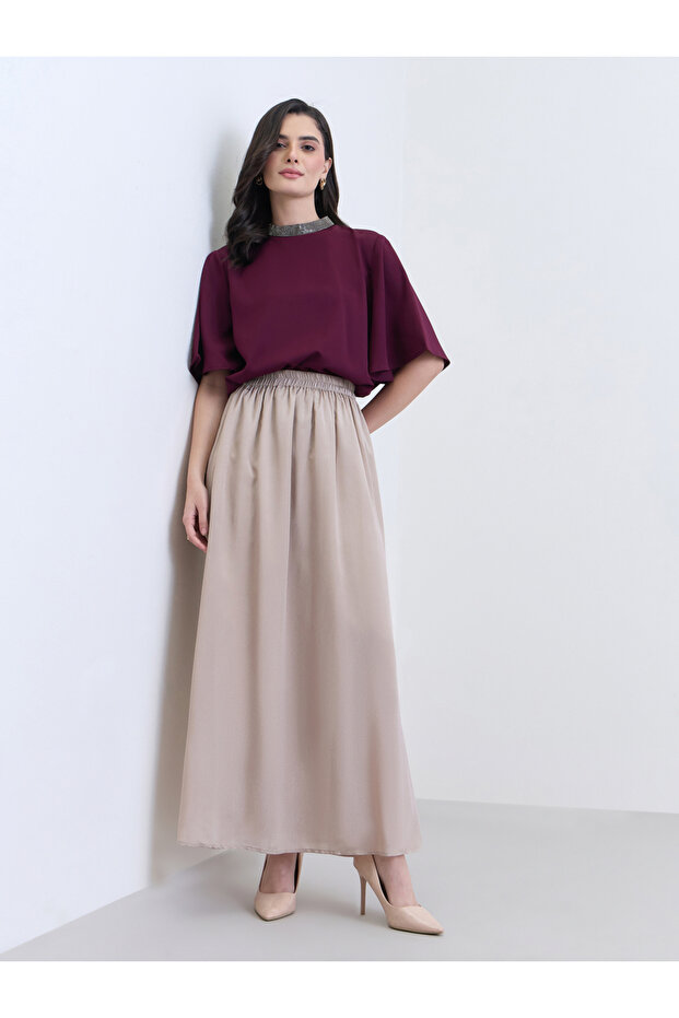 Beige Solid A-Line Maxi Skirt