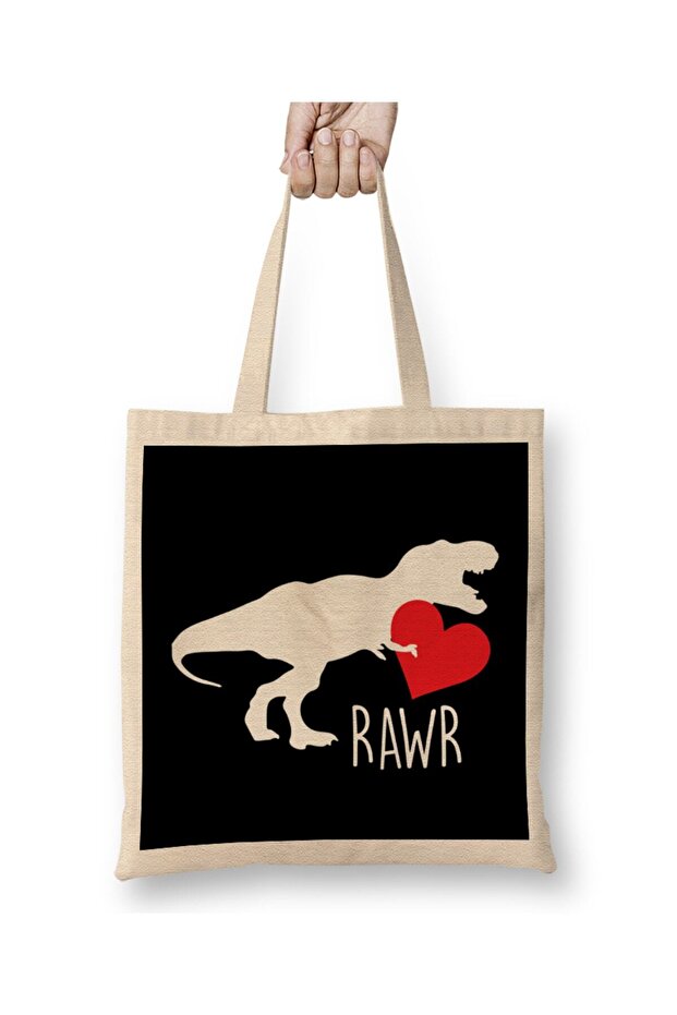 حقيبة قماشية من Rawr T Rex Dinosaur Heart Love Day ذات مقبض طويل