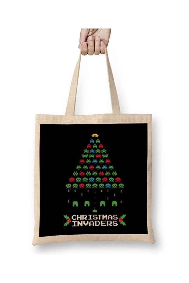 Christmas Space Invaders Tote Bag Long Handle