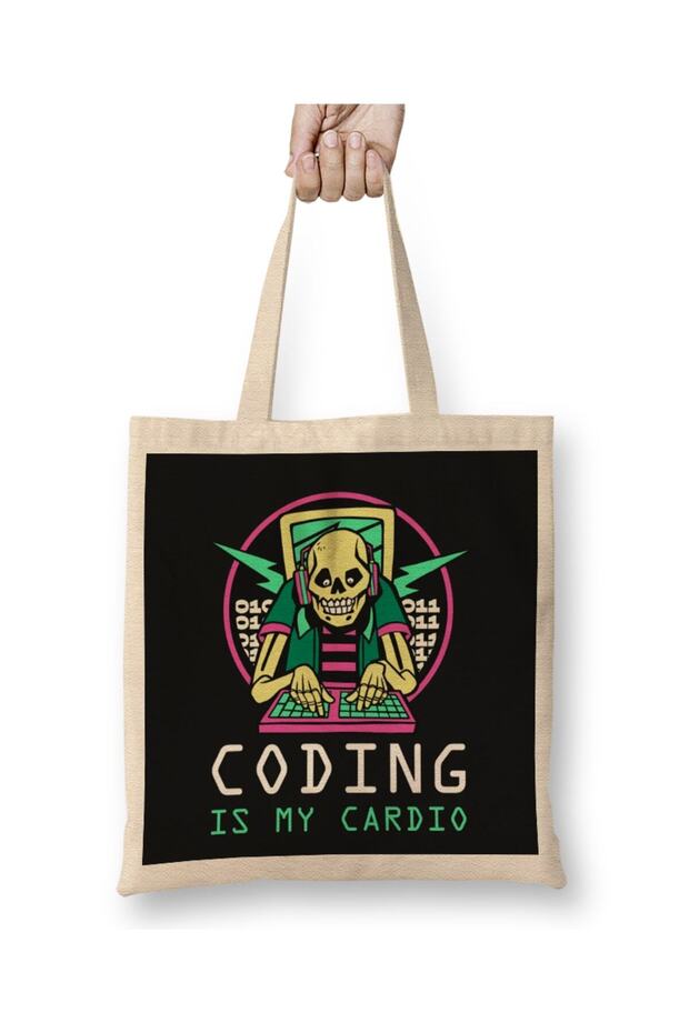Coding Is My Cardio حقيبة هدايا مرحة من القماش بمقبض طويل - 1