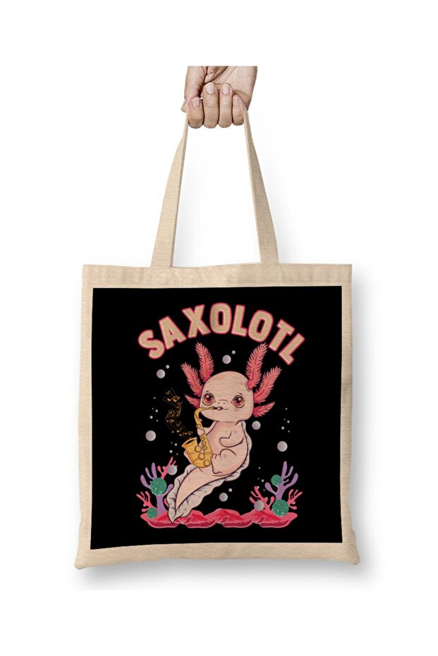 لطيف Saxolotl رائعتين ساكس لعب Axolotl Pun حقيبة قماش مقبض طويل