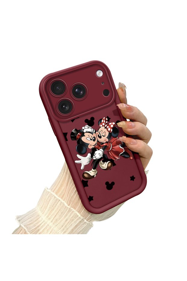 Shockproof Simple Claret Red Silicone Phone Case Compatible with iPhone 17 Pro Max Mickey Pattern