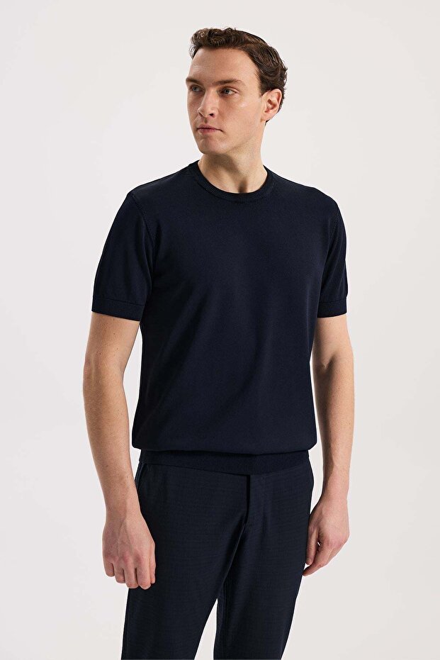 Navy Blue Slim Fit Crew Neck Rayon T-Shirt