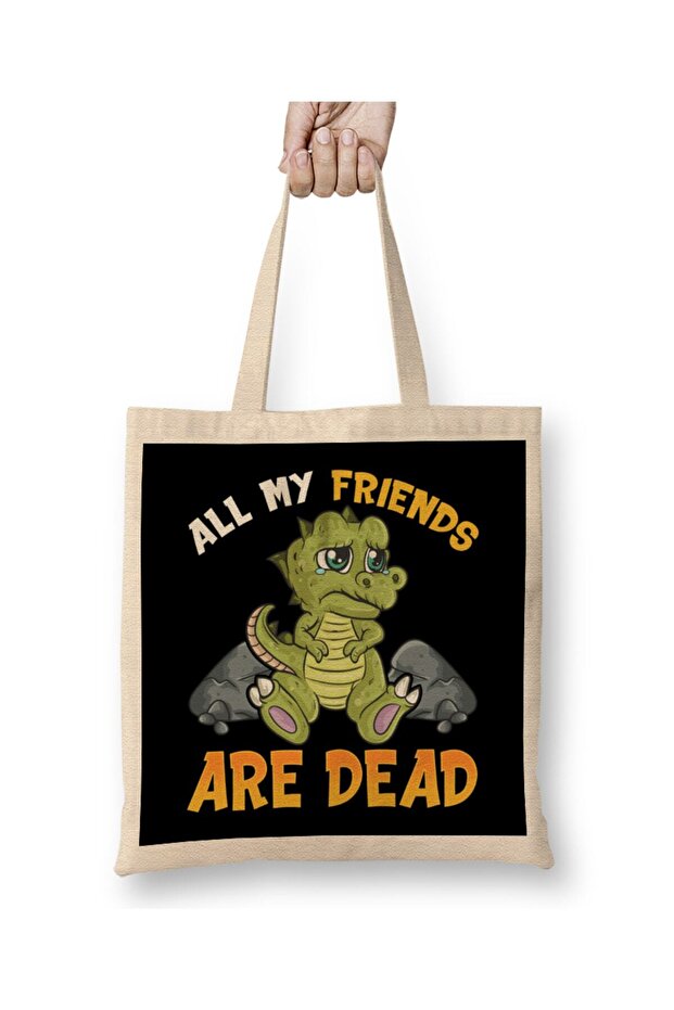 Cute All My Friends Are Dead Funny Dinosaur Pun Cloth Bag Long Handle