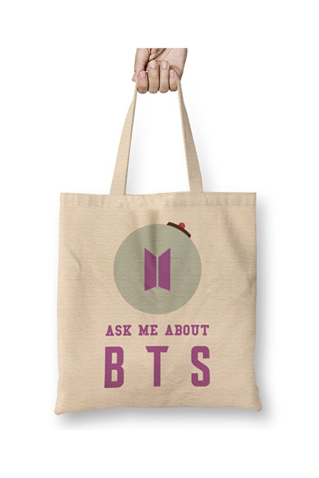 Ask Me About Bts Typography Cloth Bag Long Handle