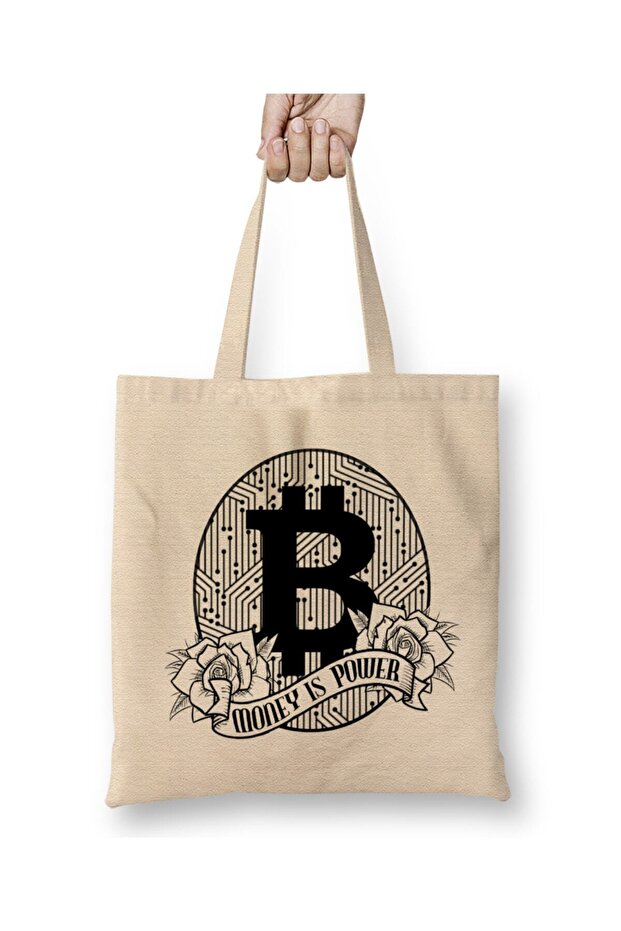 Bitcoin Money Is Power BTC Cryptocurrency حقيبة قماش للتجارة بمقبض طويل