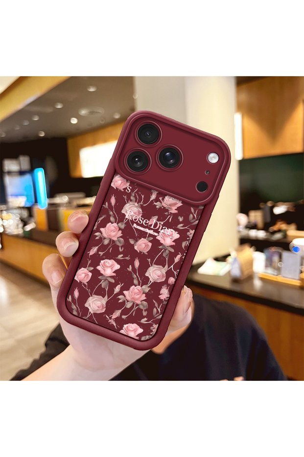 iPhone 18 Pro Max Compatible Case Camera Protector Floral Pattern Maroon Lover Couple Silicone Phone Case