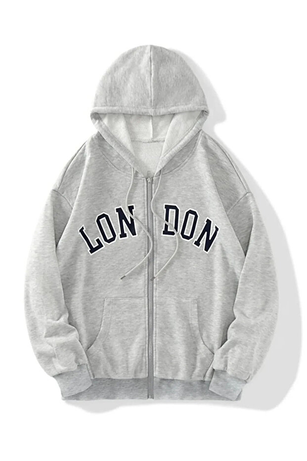 Lon Don Printed Zippered Hooded Oversize Sweatshirt