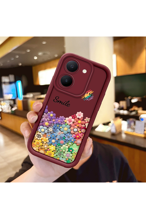 Vivo Y36 Compatible Shockproof Simple Claret Red Silicone Phone Case Smile Pattern