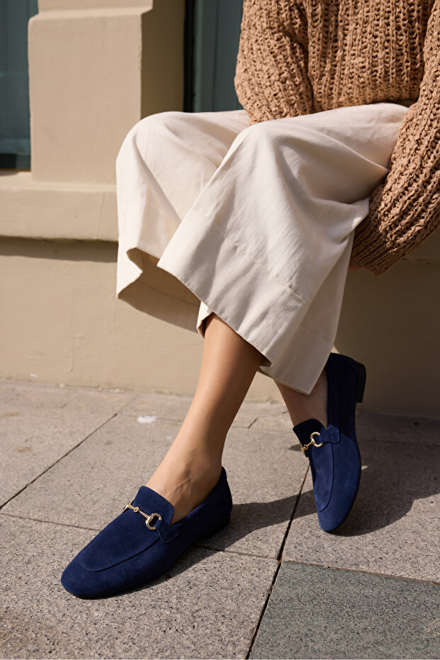 Geola Women's Dark Blue Suede Buckle-Strap Ballet Flats