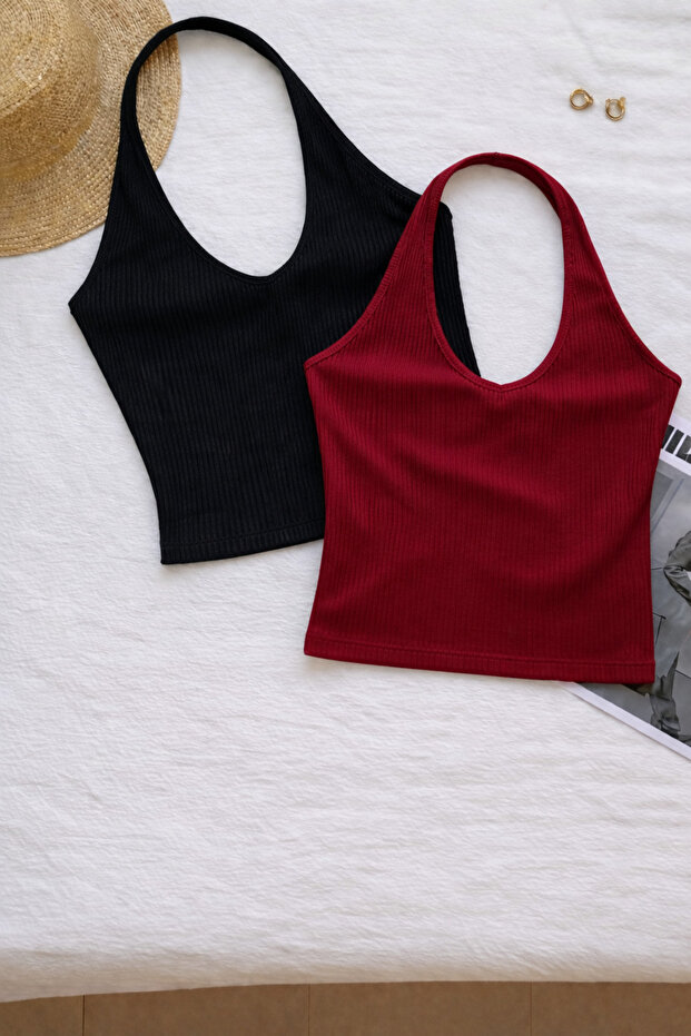 Women's Cross Halter Neck Sleeveless 2-Piece Ribbed Crop Basic Athlete Blouse