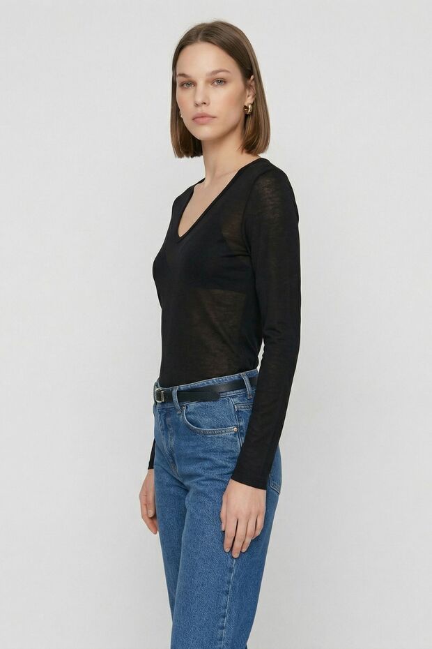 Black V-Neck Transparent Blouse 0418 - 2