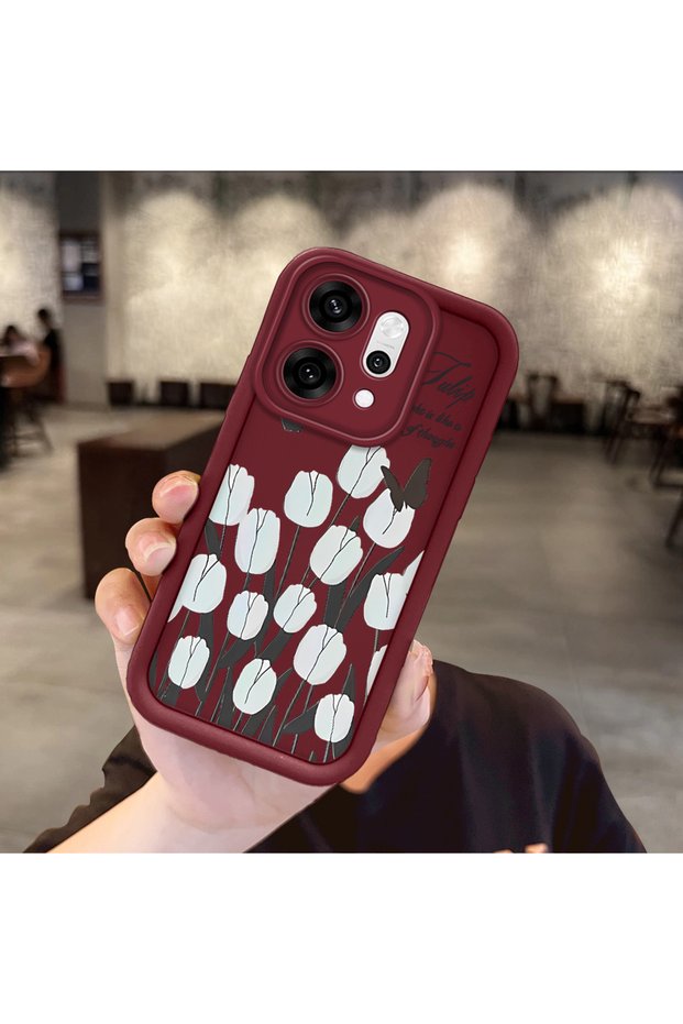 Oppo Reno 14 Pro 5g Compatible Shockproof Simple Claret Red Silicone Phone Case Flower Pattern