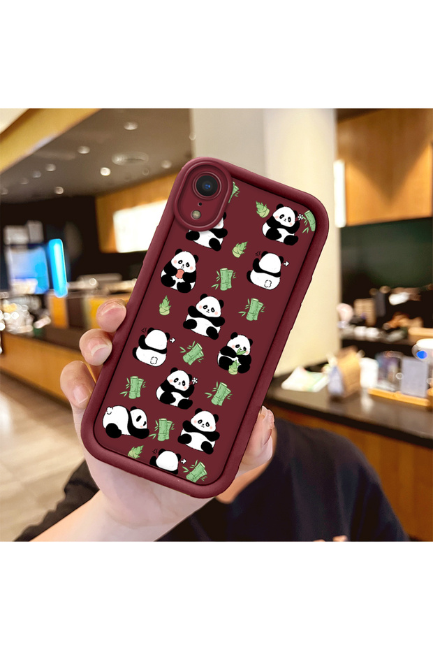 iPhone Xr Compatible Shockproof Simple Claret Red Silicone Phone Case Panda Pattern