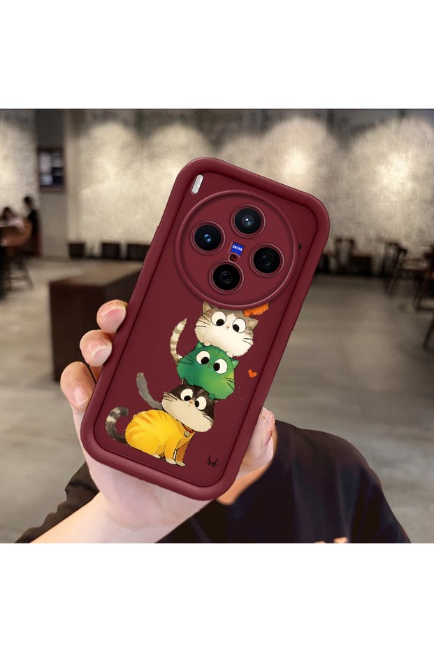 Vivo X300 Compatible Cat Pattern Shockproof Simple Claret Red Silicone Phone Case