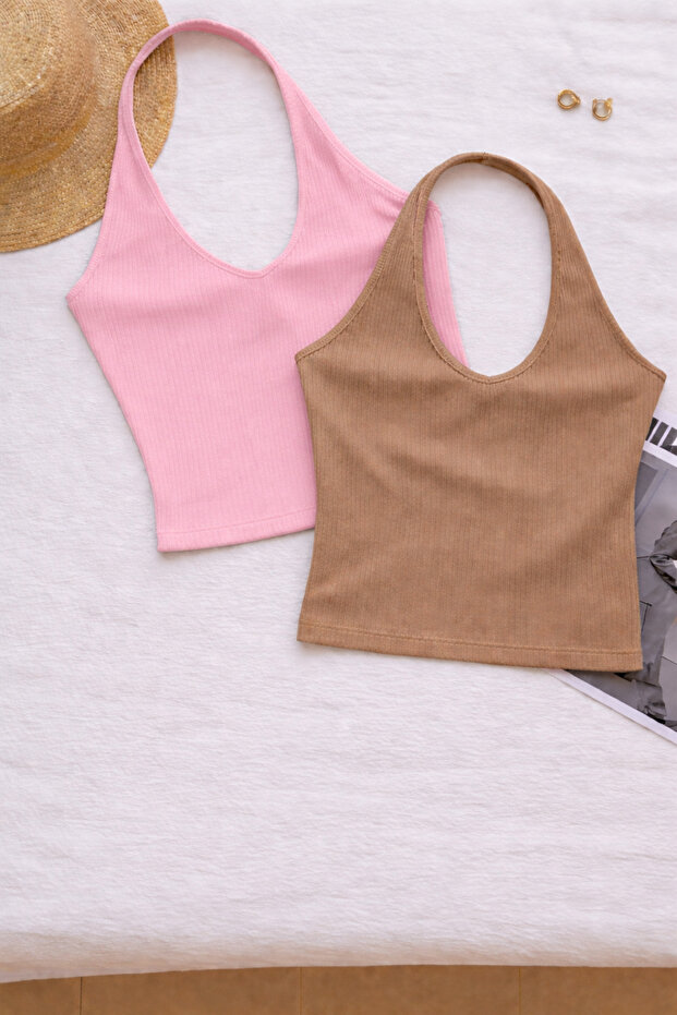 Women's Cross Halter Neck Sleeveless 2-Piece Ribbed Crop Basic Athlete Blouse