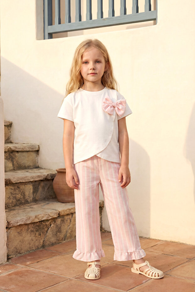 Girl's Top and Bottom Set with Striped Pants and Bow Detail, Salmon Color