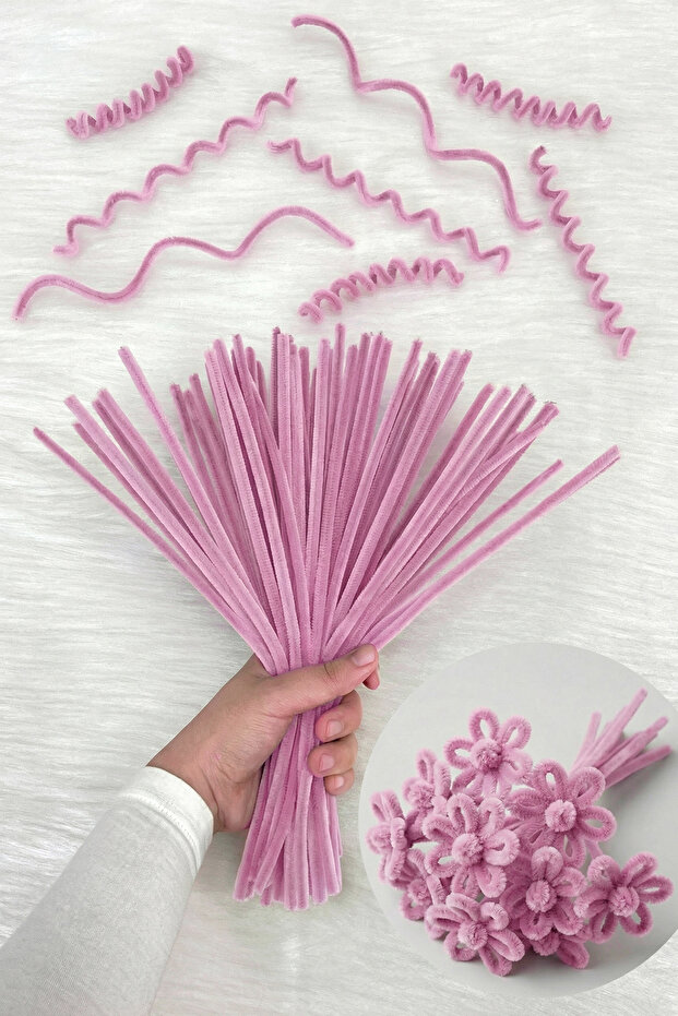 ZEYMERADE 100 Adet Açık Pembe Şönil 30cm, Tüylü Peluş Kadife Tel, El İşi, Çiçek, Hediye, Süsleme Okul Etkinlik