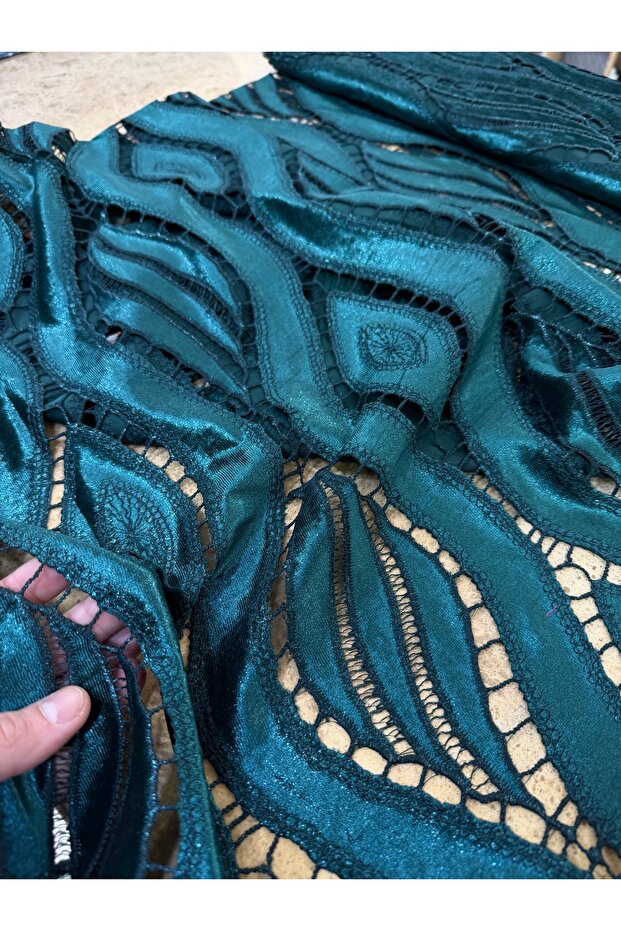 Emerald Green Wave Patterned Velvet Textured Tulle - 135 cm Wide - Stylish Fabric for Evening Dresses and Gowns