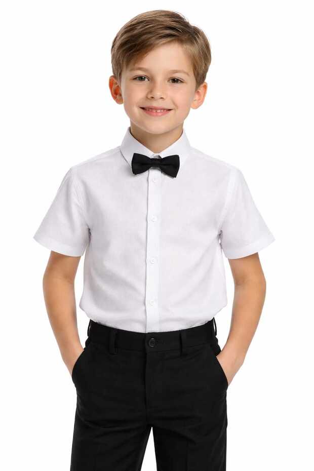 Boys' Short Sleeve Dobby White Shirt-Bow Tie April 23-October 29 Show Outfit