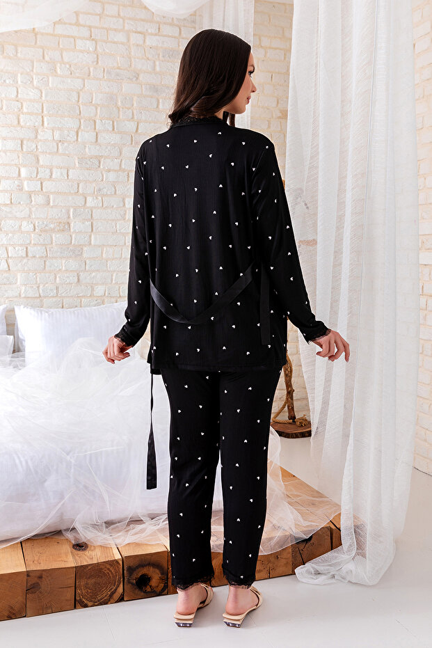 Lace Detailed Pegasus Women's Pajamas Set with Dressing Gown - Dowry Set - Large Size Range