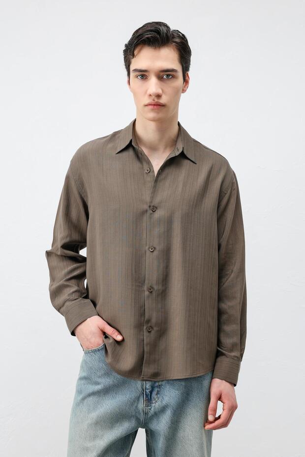 Khaki 100% Lyocell Striped Textured Men's Shirt