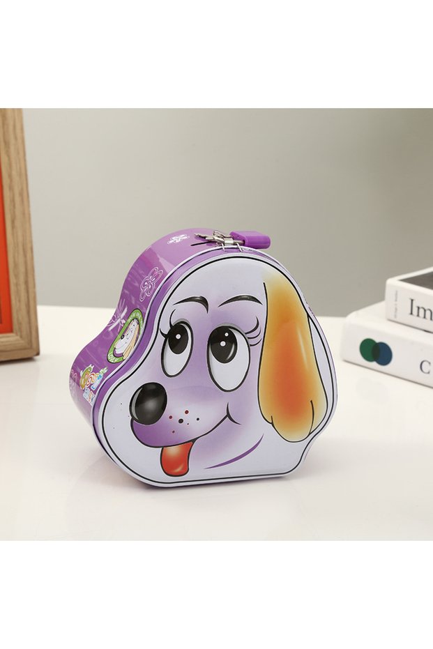 Metal Piggy Bank with Cute Dog Figure - Children's Savings Box with Lock and Key, Purple