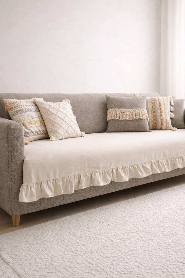 Beige Linen Ruffled Sofa Cover | 100 X 210 cm Modern Stylish Simple Bohemian Sofa Cover Maxi Size