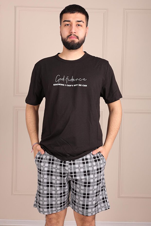 Men's Slogan Short Sleeve Shorts Pajama Set Black