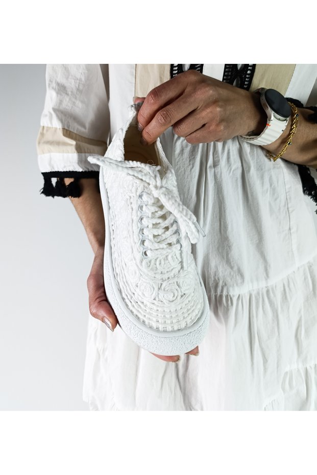 White Color Lace-Up Women's Sneakers Knitwear Knitted Sports Shoes