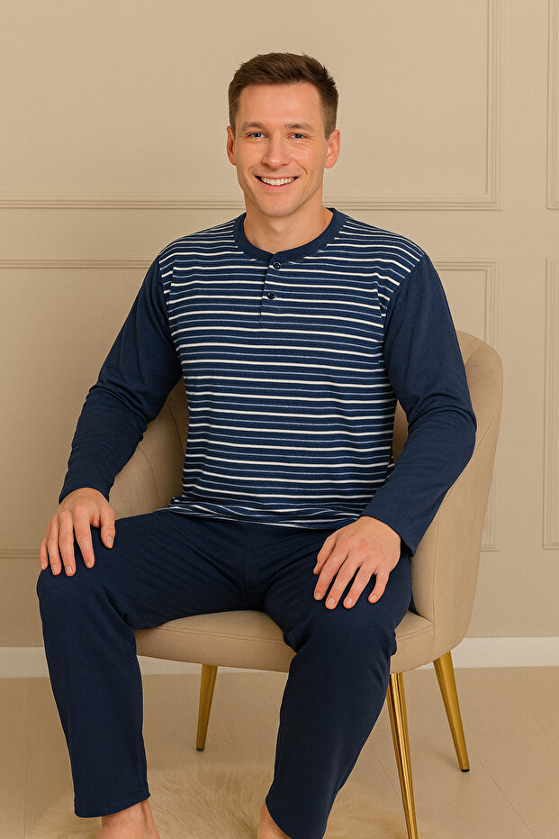 Men's Interlock Long Sleeve Collar Two Button Horizontal Line Pattern Six Long Pajama Set