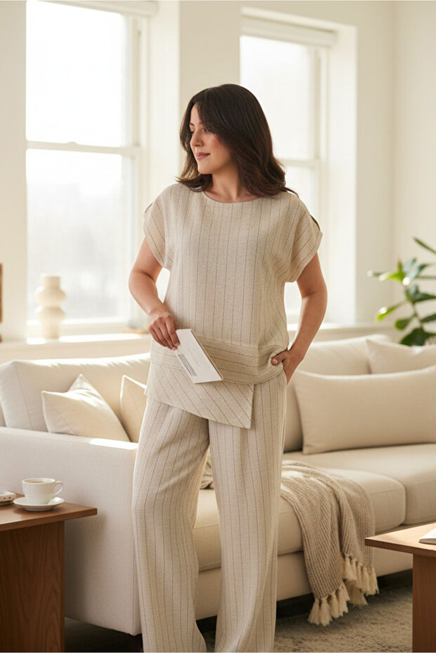 Asymmetrical Cut Striped Linen Blouse and Pants Set