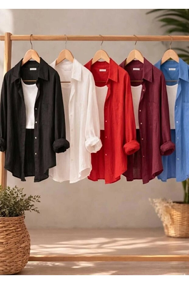 5-Pack Women's Black, White, Red, Burgundy, Blue Cotton Oversize Linen Single Pocket Comfortable Shirts
