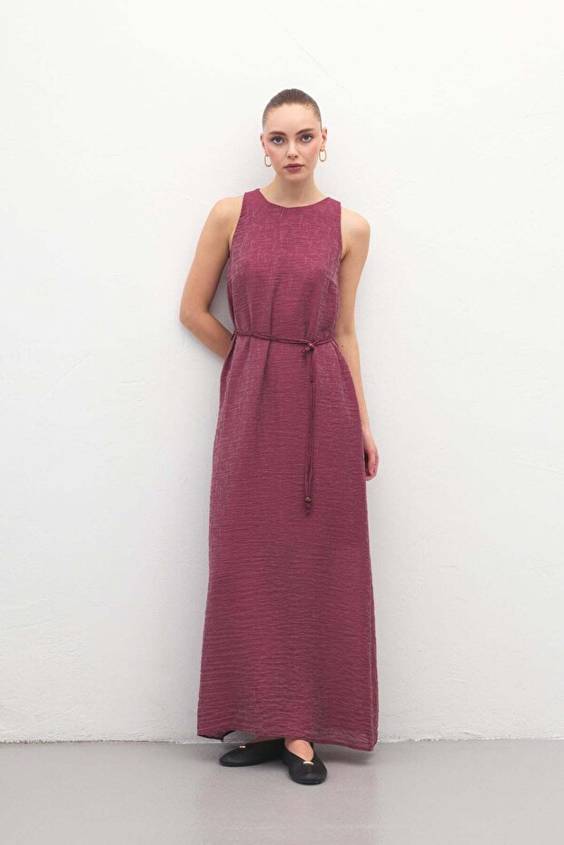 Rochie lungă cu detaliu curea - Prune - 2