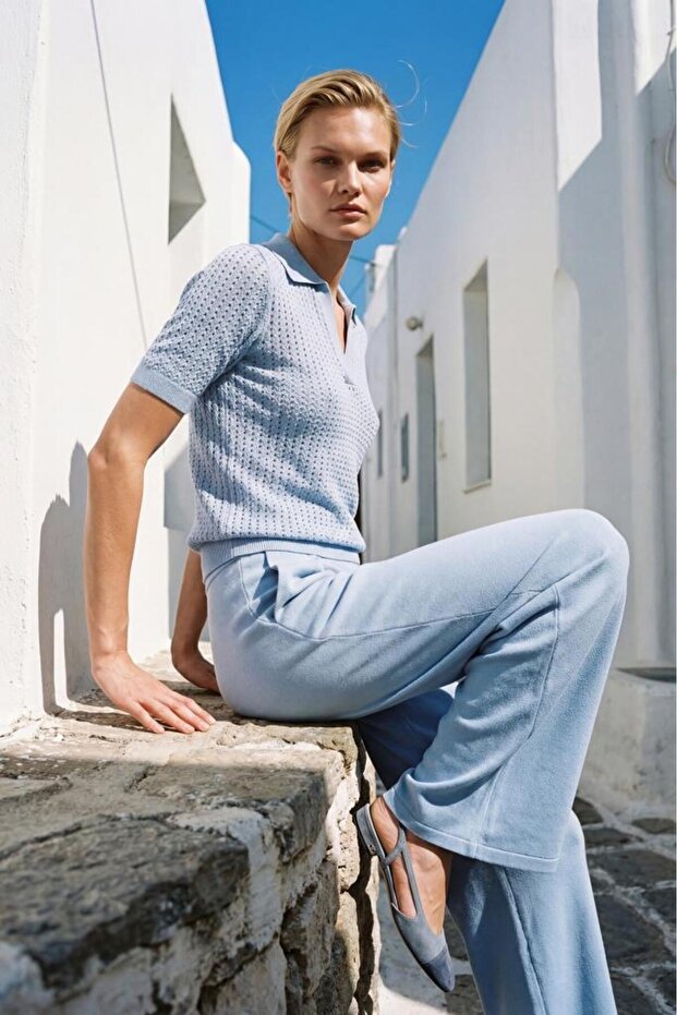 Polo Collar Openwork Blue Blouse - 1