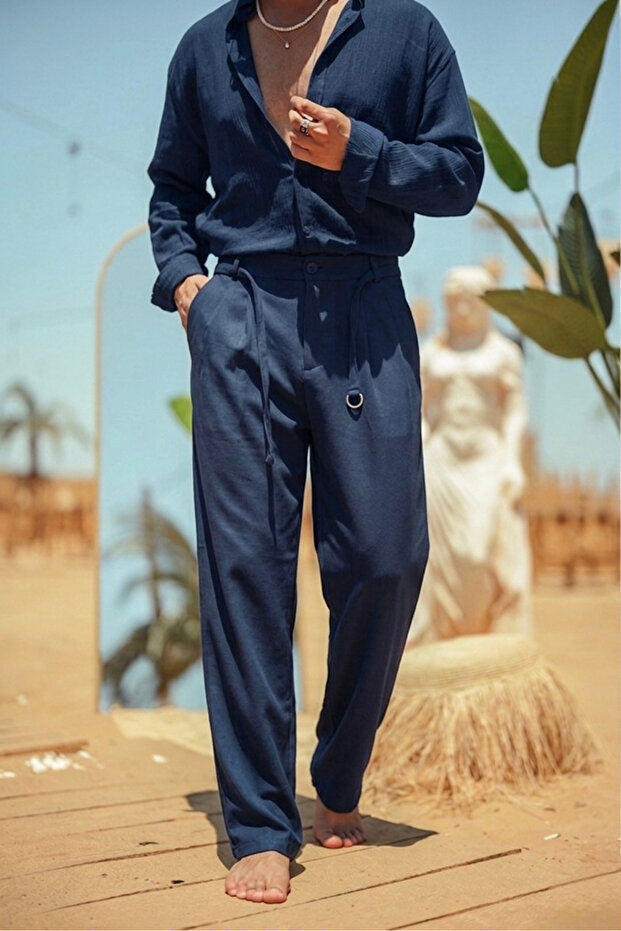 Straight Bel Belted Classic Trousers Navy Blue