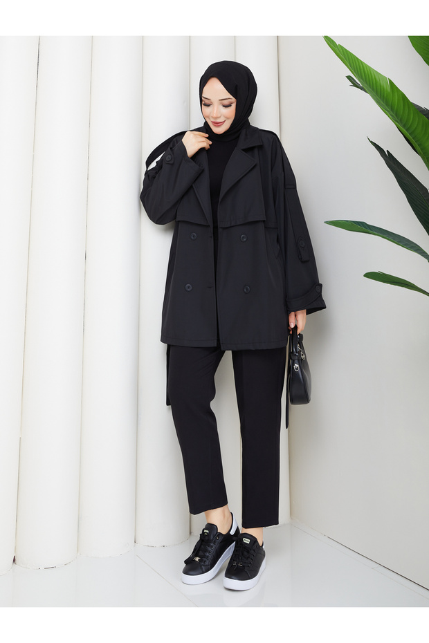 Button Detailed Belted Oversize Bondit Trench Coat Rc803107