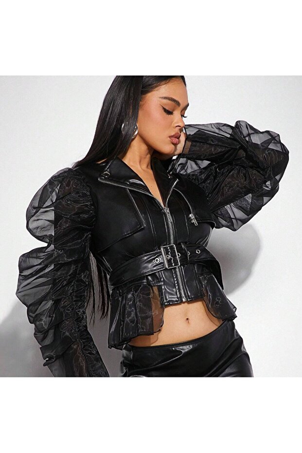 Black Mesh Double Sleeves Jacket with Zipper and Tulle Hem
