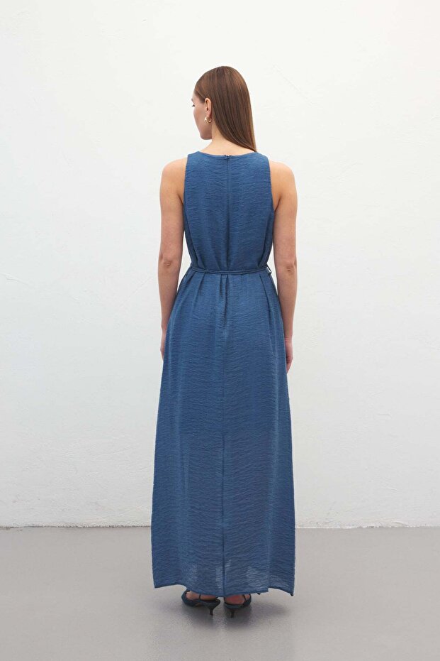 Rochie lungă cu detaliu curea - Indigo - 8